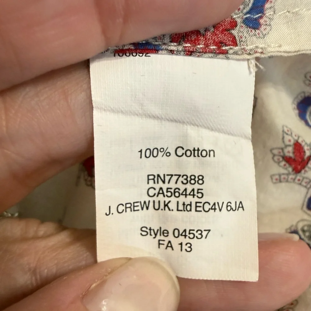 J Crew Cotton White Red Blue Perfect Paisley Long Sleeve Button Front Shirt Sz 4